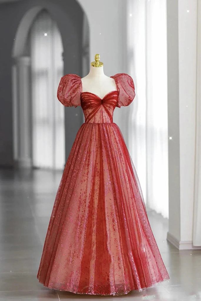 Wholesale Sweetheart Neck Red A Line Tulle Formal Evening Dress Long Prom Dress